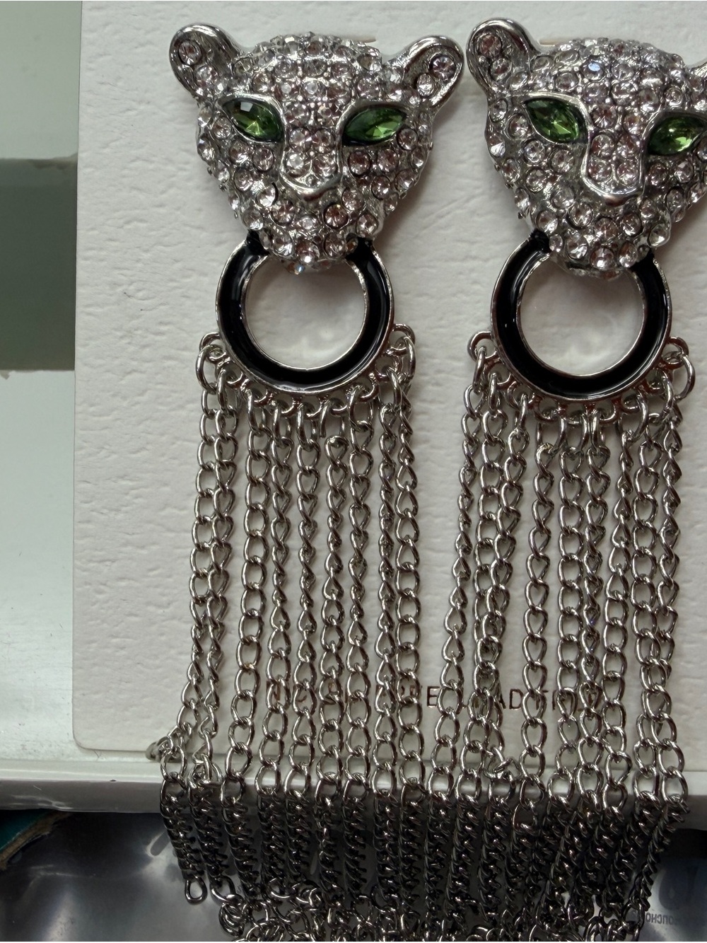 Silver Panther Head Tassel Drop Earrings with Green Stone Eyes
